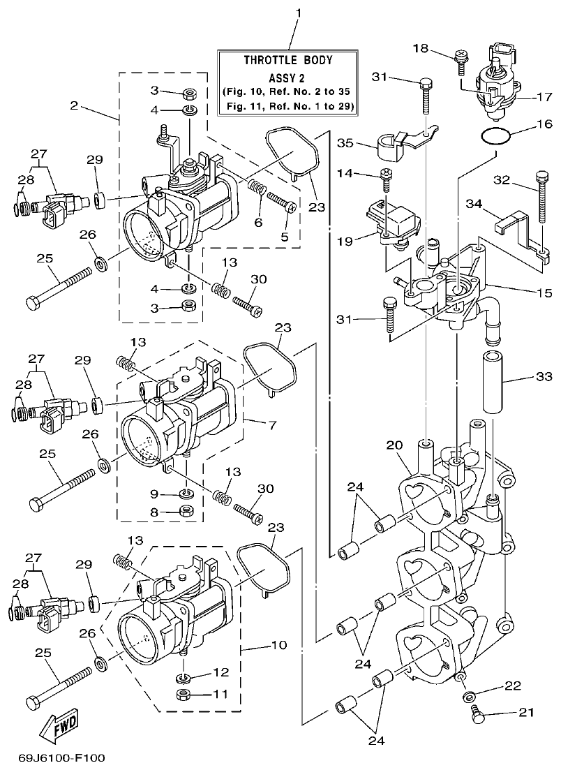 Yamaha F200A, F225A, FL200A, FL225A, F225TR, F200TR, LF225TR, LF200TR THROTTLE BODY ASSY 2 parts diagram